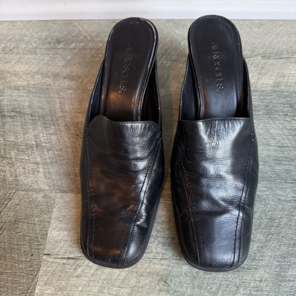 Vtg Clog Mules Womens 8 Black Leather Slip-On Heeled Sq Toe Block Heel Shoe - Picture 2 of 11